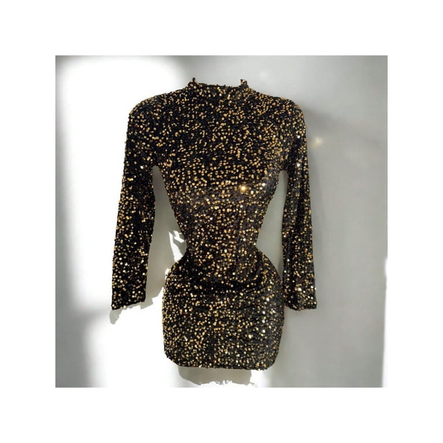 Vestido Sexy De Lentejuela Manga Larga Cuello Alto Color Dorado Talla Unitalla Marca Emil SaEs