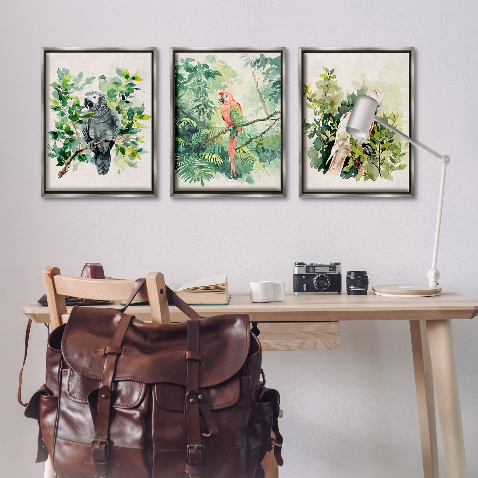 Stupell Industries Tropical Parrots in Jungle Animals Painting Gray Floater Framed Canvas Art Print Wall Art, 21 x 31, Set of 3