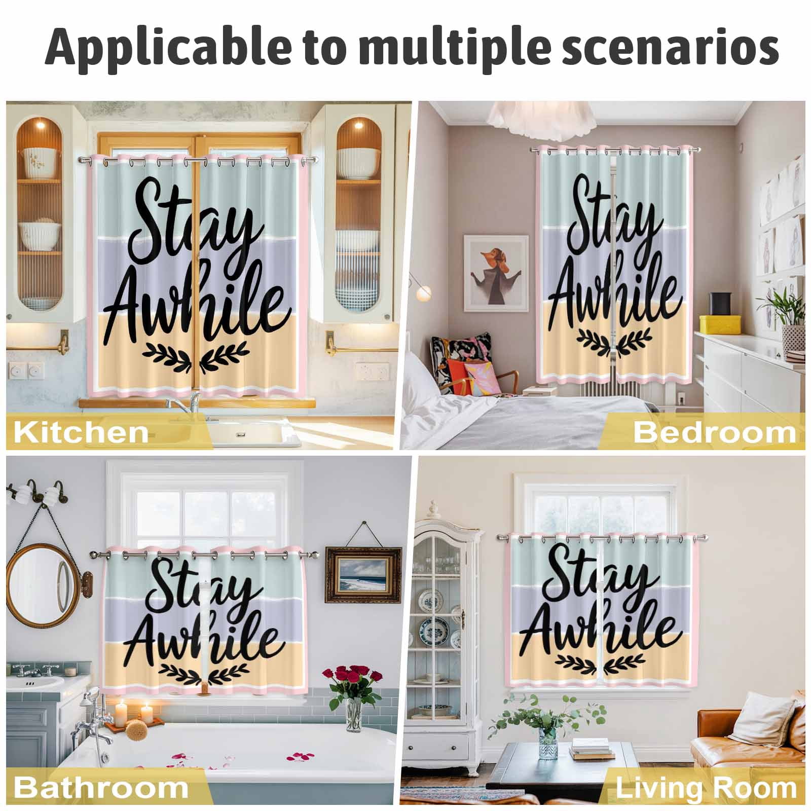 2 Panels Kitchen Tier Curtains 39 Inch Length, Stay Awhile Grommets Window Treatment Curtain, Wheat Color Block Stripes Aesthetic Thermal Curtains Drapes for Living Room/Bathroom
