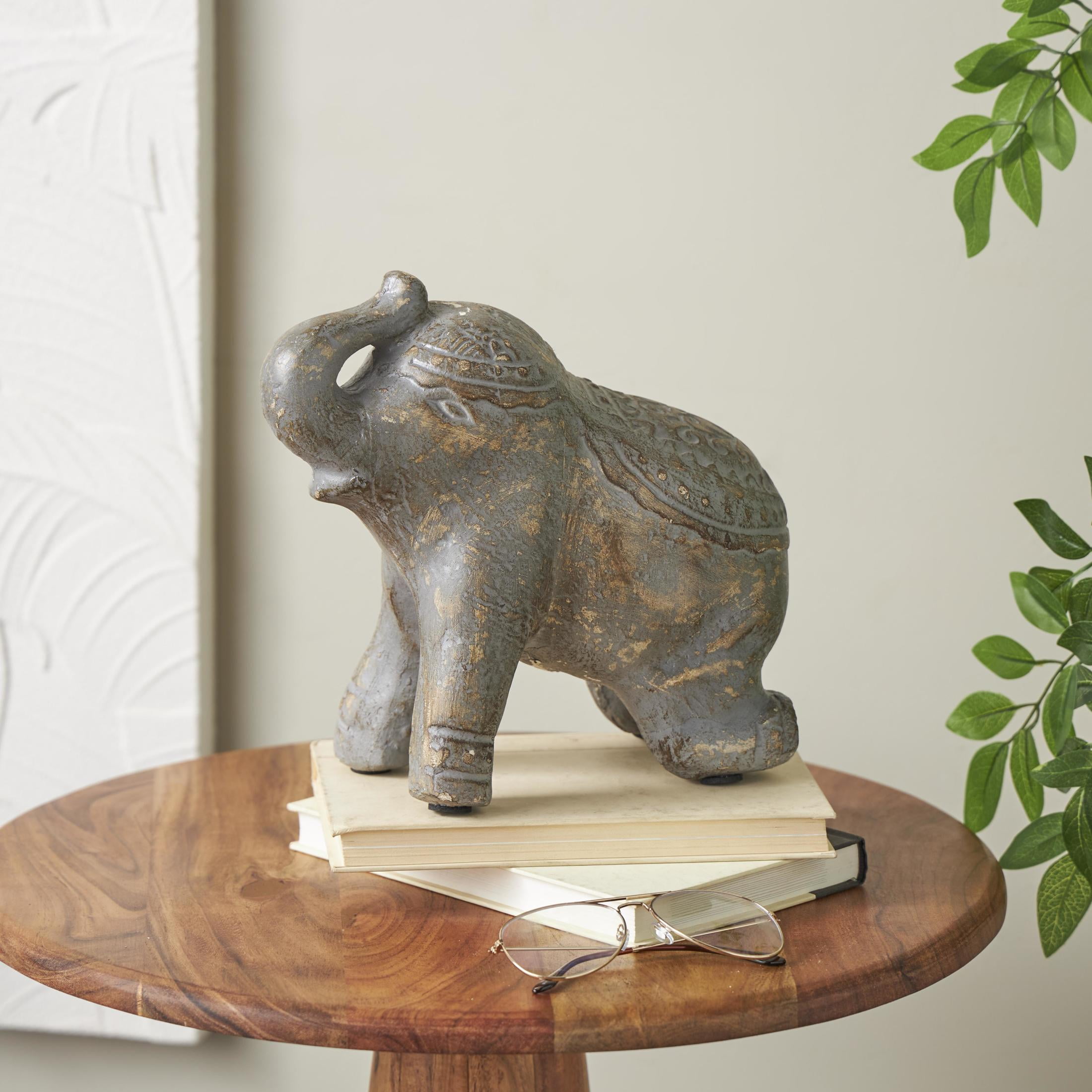 10" x 10" Dark Gray Paper Mache Handmade Distressed Carved Elephant Sculpture with Wood Inspired Accents, by DecMode