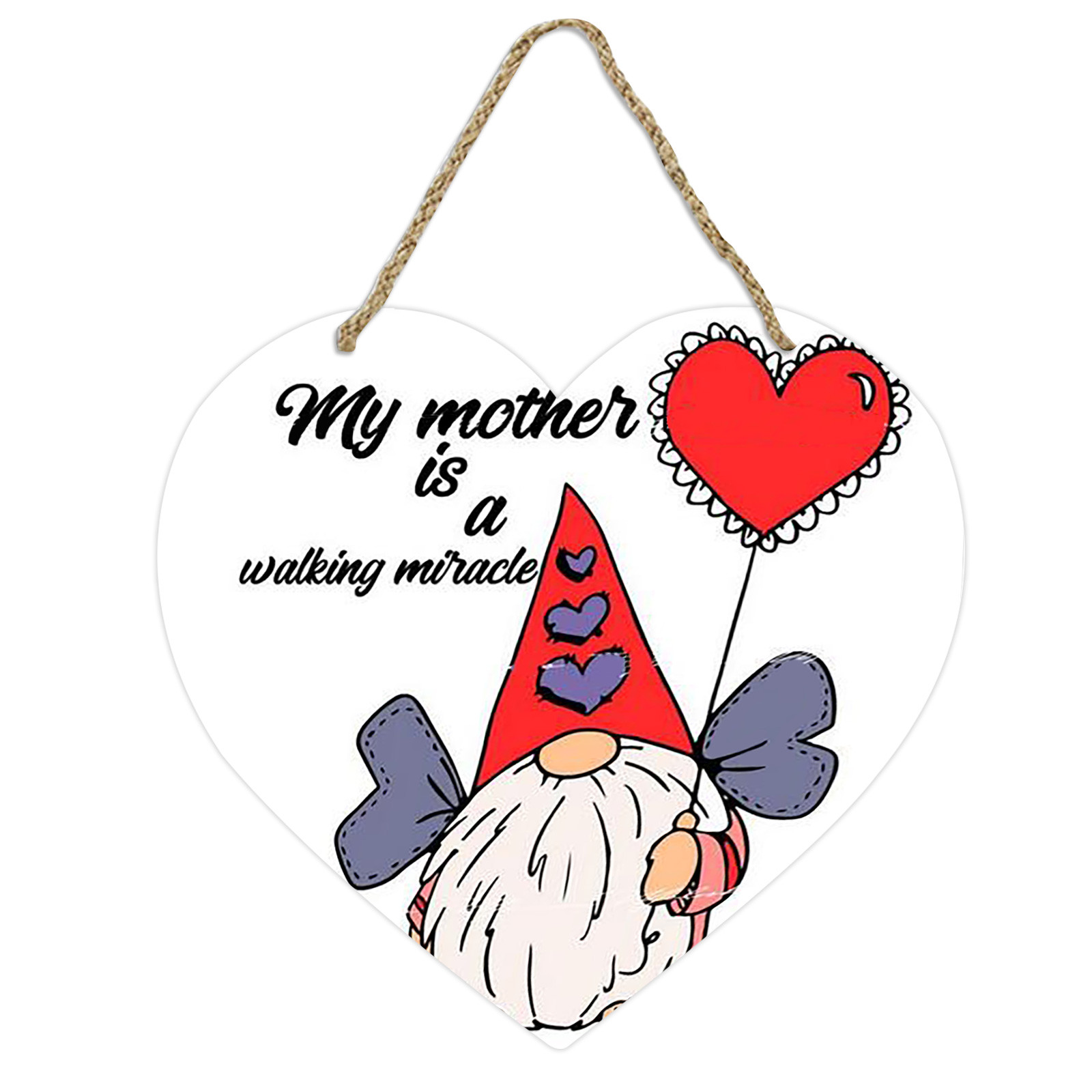 Hanging Sign for Front Door Heart Shape Gnomes Pattern Wooden Happy Mother's Day Front