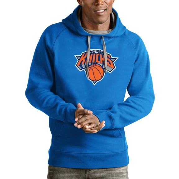 Men's Antigua Blue New York Knicks Team Logo Victory Pullover Hoodie