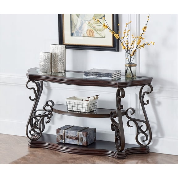 Glass-Top MDF Sofa Table with Marble Paper Middle Shelf & Powder Coated Legs (54"Lx20"Wx30"H)