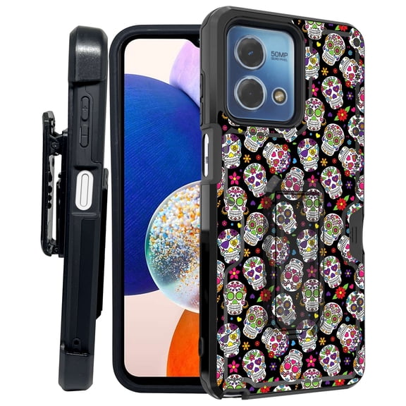 ANJ  Rugged Shockproof Kickstand Hybrid Case with Card Slot and Holster   Tempered Glass Cover for Motorola Moto G Stylus 5G (2023) - Candy Skulls