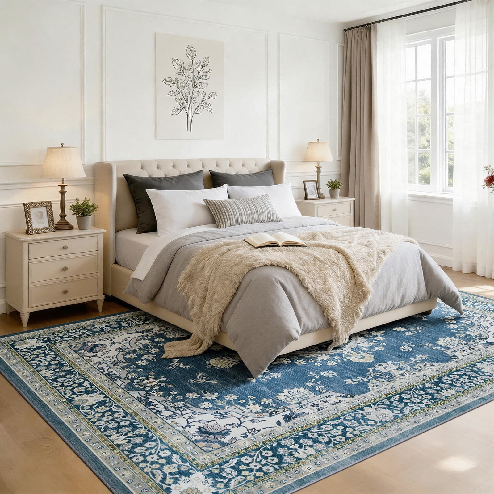 8'x10' Area Rugs for Living Room Washable, Blue Medallion  Vintage Boho Non Slip Rug- Oriental Traditional Farmhouse Carpet for Bedrooms Dining Room, Living Room, Home Office.