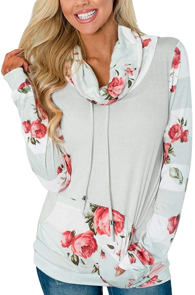 Striped Floral Cowl Neck Sweatshirt 