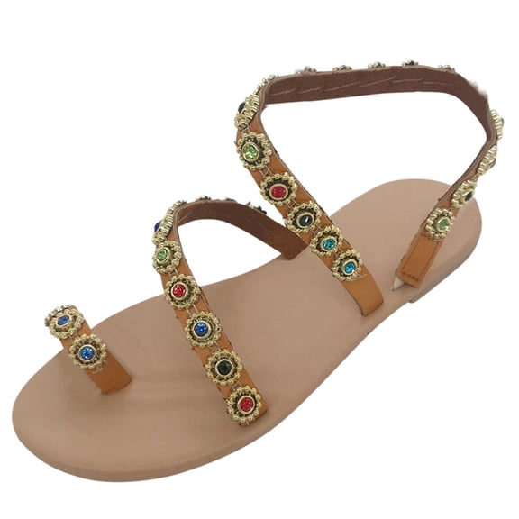 NOKIO Women's Casual Dresssy Low Wedge Summer Shoes Cute Strappy Rhinestone Open Toe Flat Sandals Women's Sandals Flat Heel Fashion Beaded Sandals Summer Flip Flops Women's Shoes