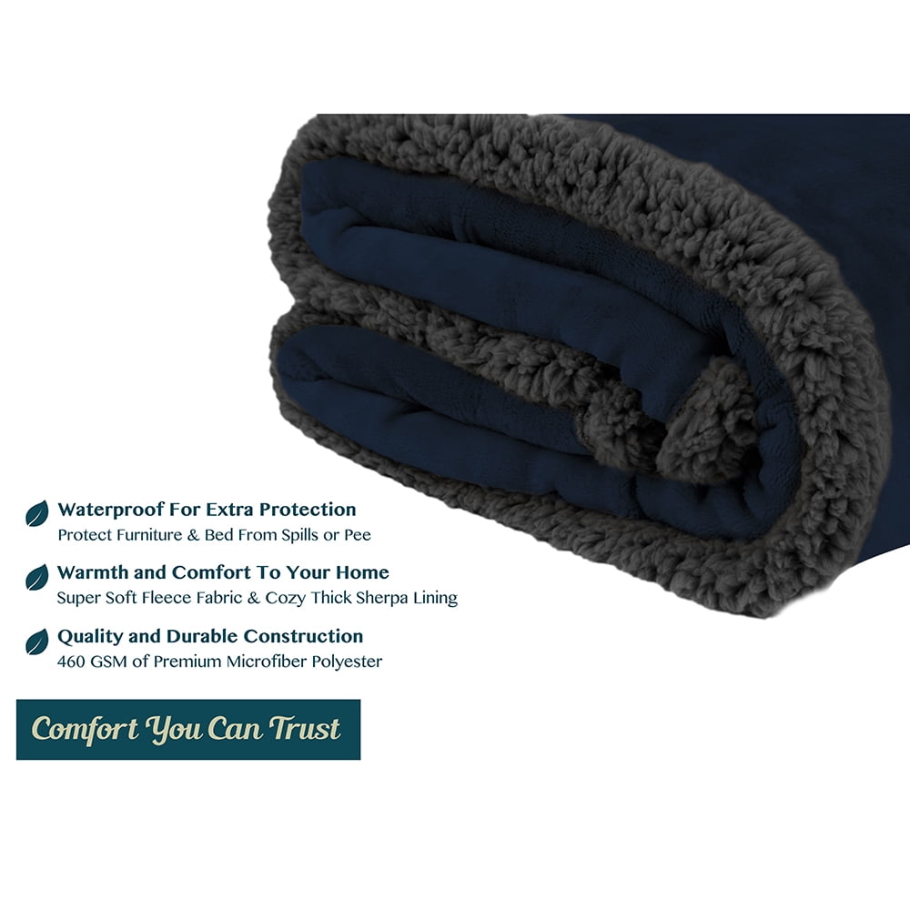 PAVILIA WATERPROOF Blanket For Couch, Sofa | Waterproof Dog Blanket for Large Dog, Puppy, Cat | Pet Blanket Protector | Plush Soft Warm Fuzzy Sherpa Blanket Bed Throw, Navy, 90x90