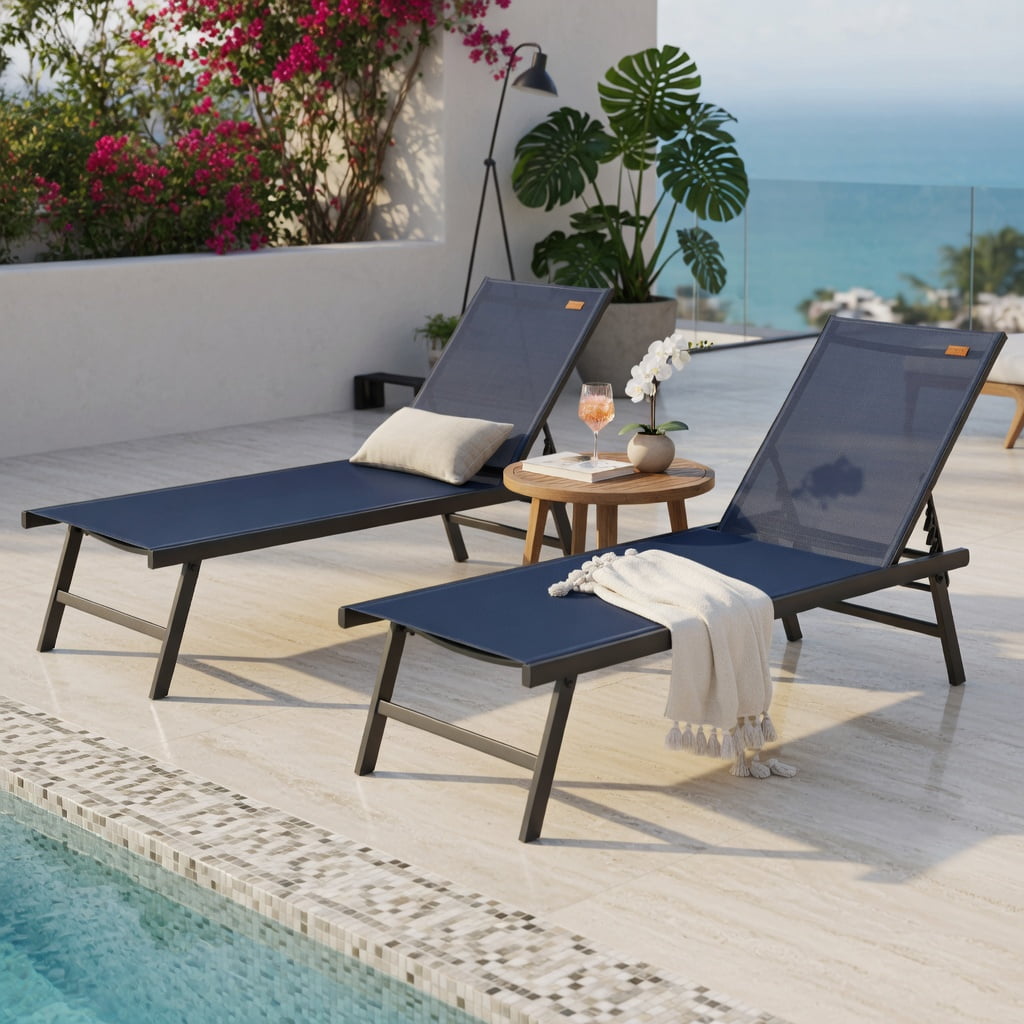 Hommoo 3-Piece Outdoor Chaise Lounge Chair Set with Adjustable Backrest and DPC Wood-Look Coffee Table for Patio, Poolside, or Backyard, Navy