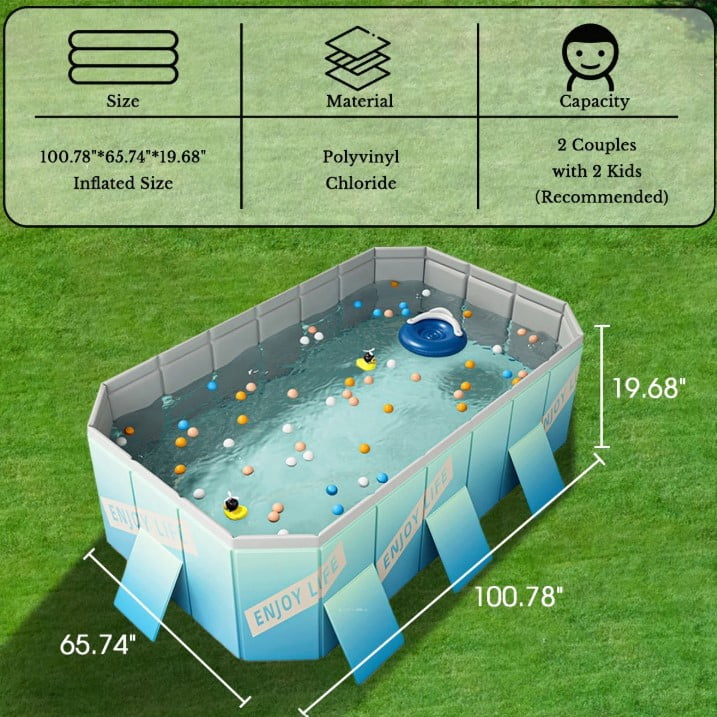 LHUAI Foldable Non-Inflatable Family Outdoor Swimming Pool, Rectangular Above Ground Pools For Backyard, Ice Blue, 101" x 66" x 20"