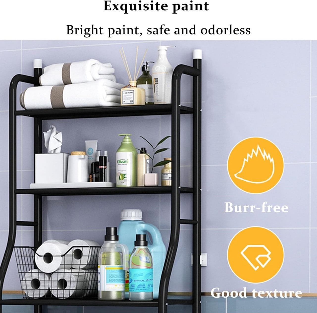 3-Tier Over the Toilet Storage Shelf with Adjustable Foot Pads, Anti-Tilt Metal Bathroom Organizer with Paper Holder & 4 Hooks, No Drill Space Saving Toilet Rack