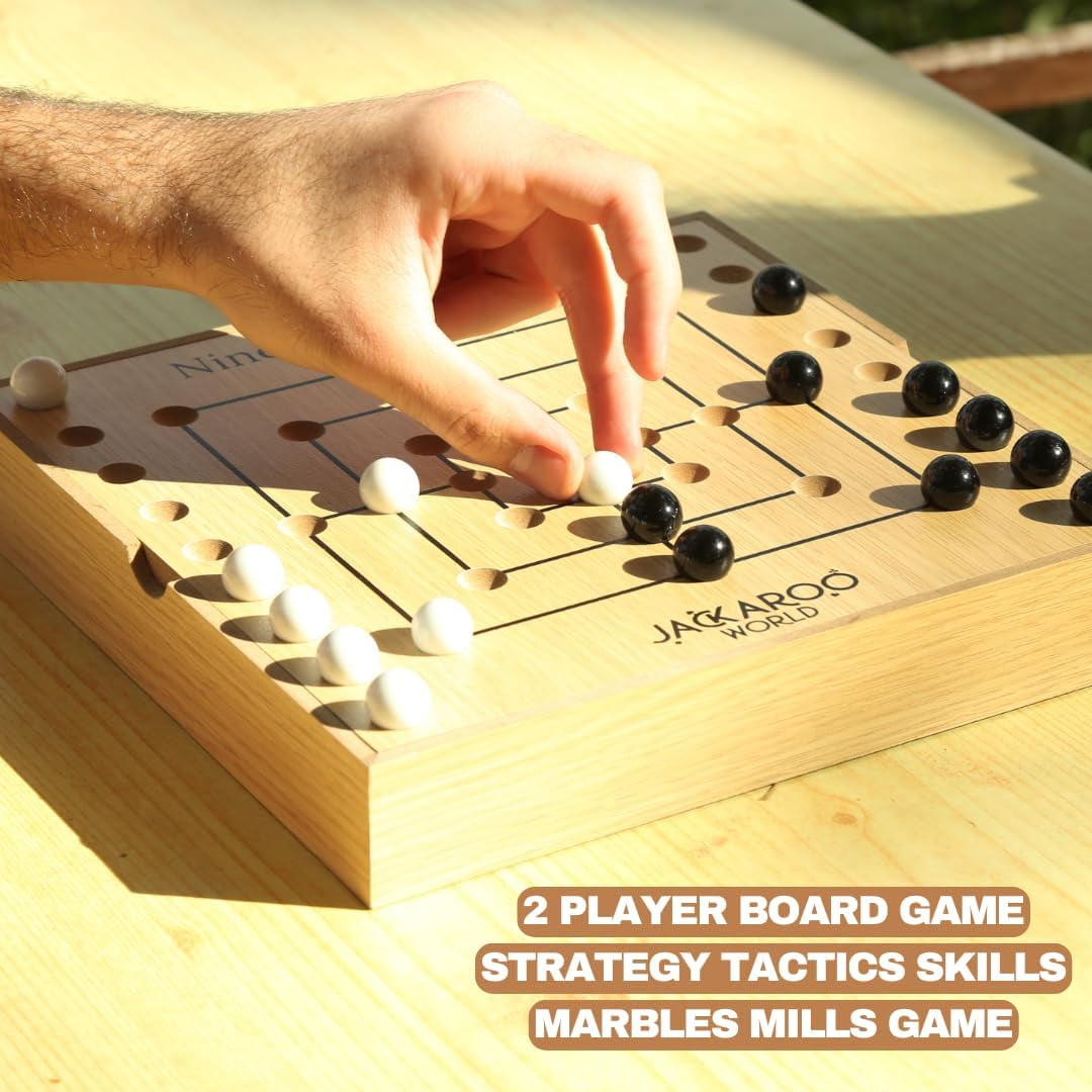 Nine Mens Morris Board Game - 2 Player Game - Marbles Board Game - Black and White Marbles - Ancient Rome Board Game Mill - Board Games for Men and Woman - Adult Board Game - Wooden Board Games (Oak)