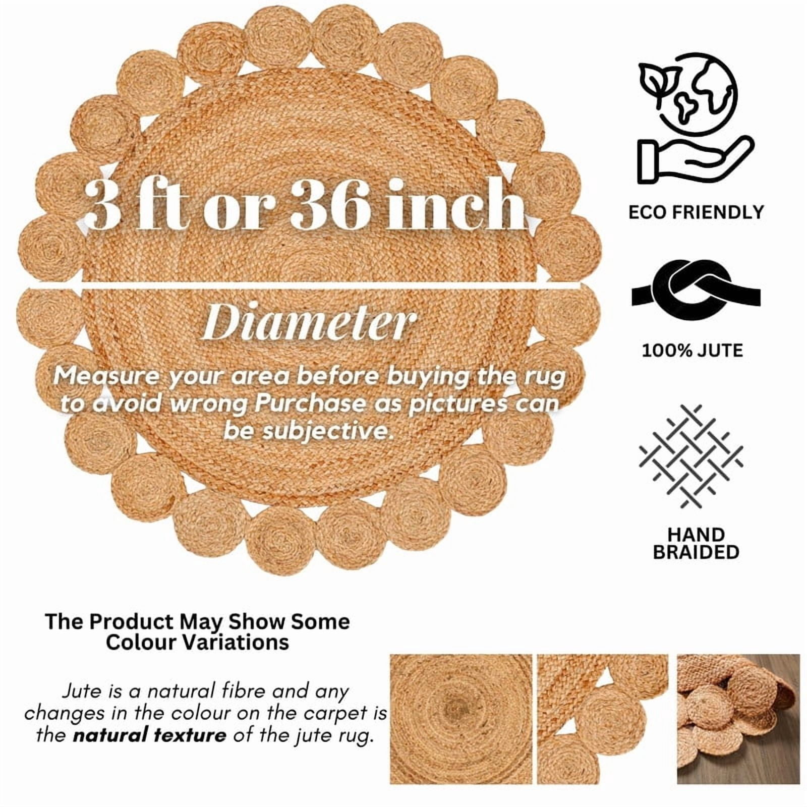 Boho Farmhouse Jute Circle Rug, Reversible Rustic Coastal Area Mat Natural Beige Scalloped, 2 FT