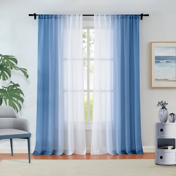 Junvictex Ombre Chiffon Sheer Curtains Blue Crushed Crinkle Semi Voile Curtain Panels for Bedroom,52" Wx95 Lx2,Rod Pocket