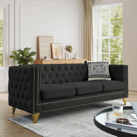 Chesterfield Sofa,Velvet 3 Seater Modern Couch with Button Tufted & Nailhead Trim, Upholstered Deep Seat Couch, Oversized Comfy Sofa for Living Room, Bedroom, Apartment, Office(80.5"W, Black)