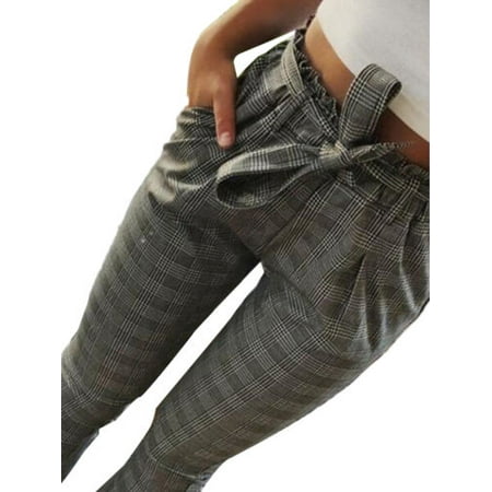Women Trousers - Womens Lace Up High Waist Paperbag Cigaratte Striped Trousers Ladies Pants