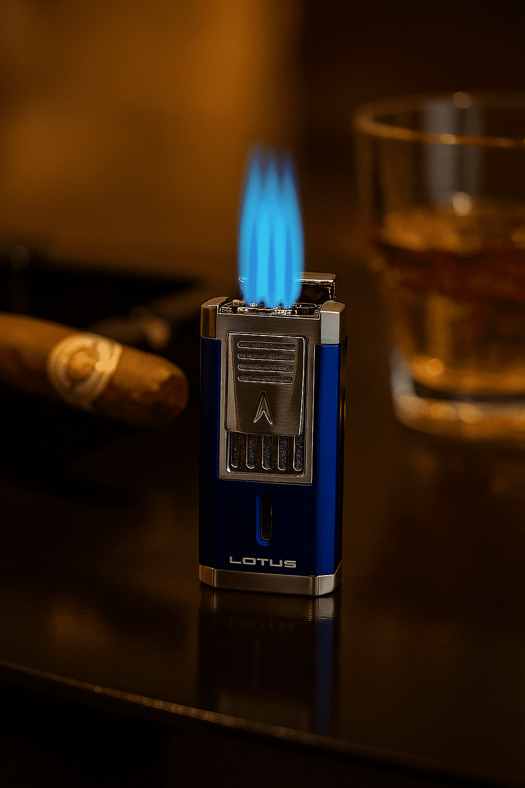 Lotus Duke Triple Torch Lighter with Cutter Blue and Chrome