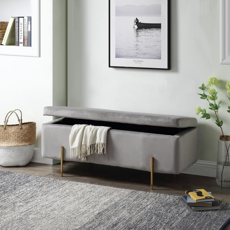 Maklaine Velvet Storage Bench with Metal Legs in Gray