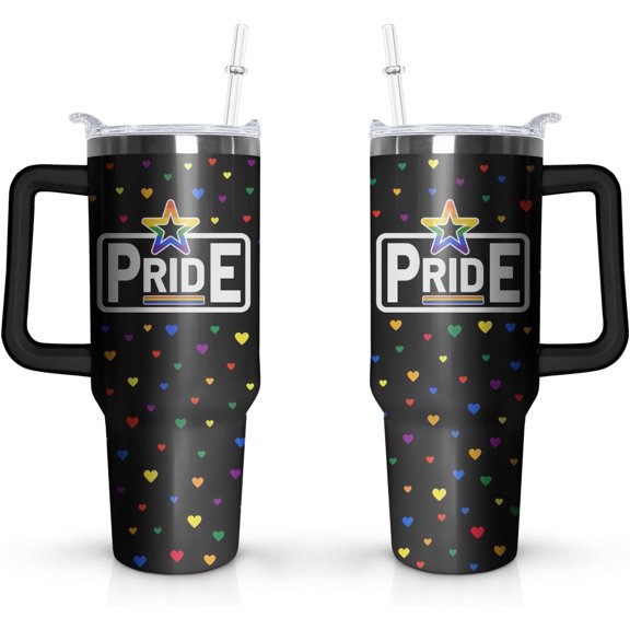 Pride Cup Gifts for Women Men, Rainbow Hearts Stainless Steel Insulated 40 Oz Tumblers with Handle and Straw, LGBT Pride Month Water Bottle Mug (1 PC)