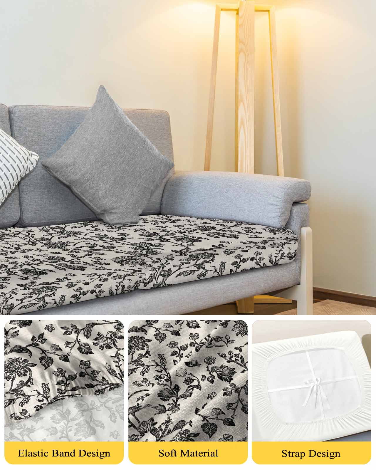 Farmhouse Black Couch Cushion Covers Stretch, Washable Sofa Seat Covers Individual Seat Cushion Sofa Slipcovers Vintage Flower Leaf Botanical Plant Couch Cover Furniture Protector S-3PCS