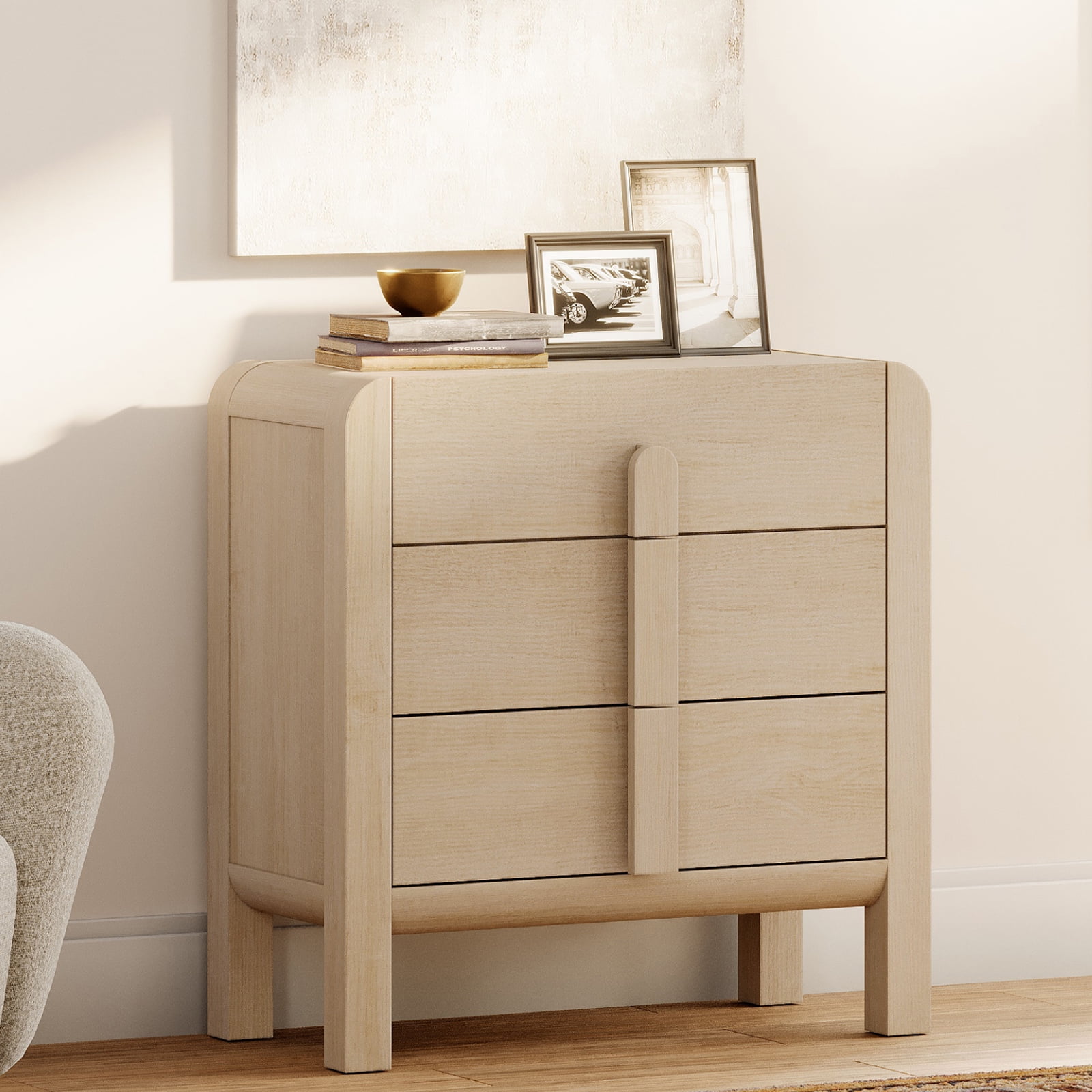 Modern Wood 3-Drawer Dresser with Curved Profile Design, Mid Century Dresser Organizer Storage for Bedroom,Living room, Entryway