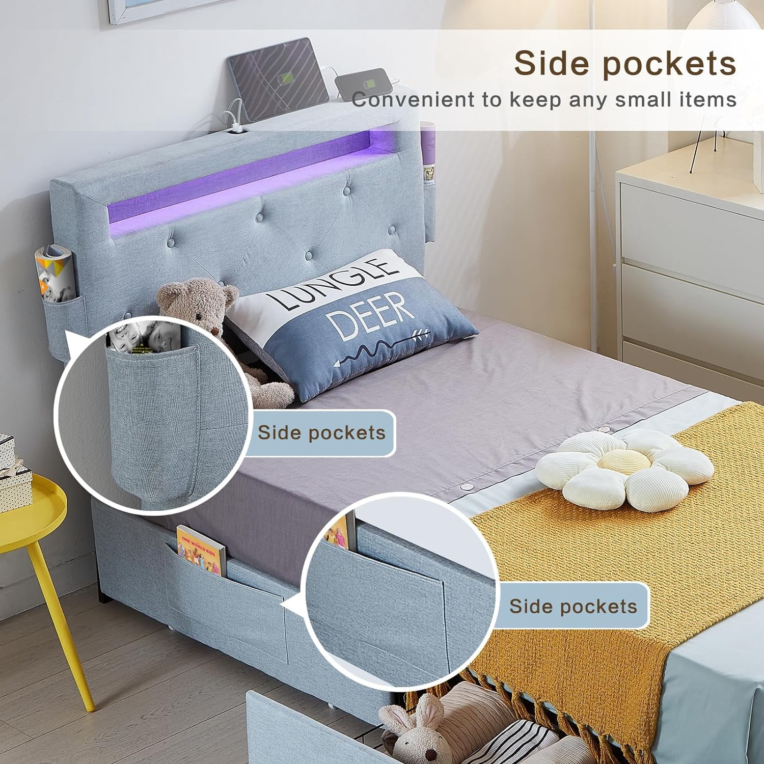 Miniyam Upholstered Kids Twin Size Bed with USB Charging Station, LED Lights, Storage Drawers, Light Gray