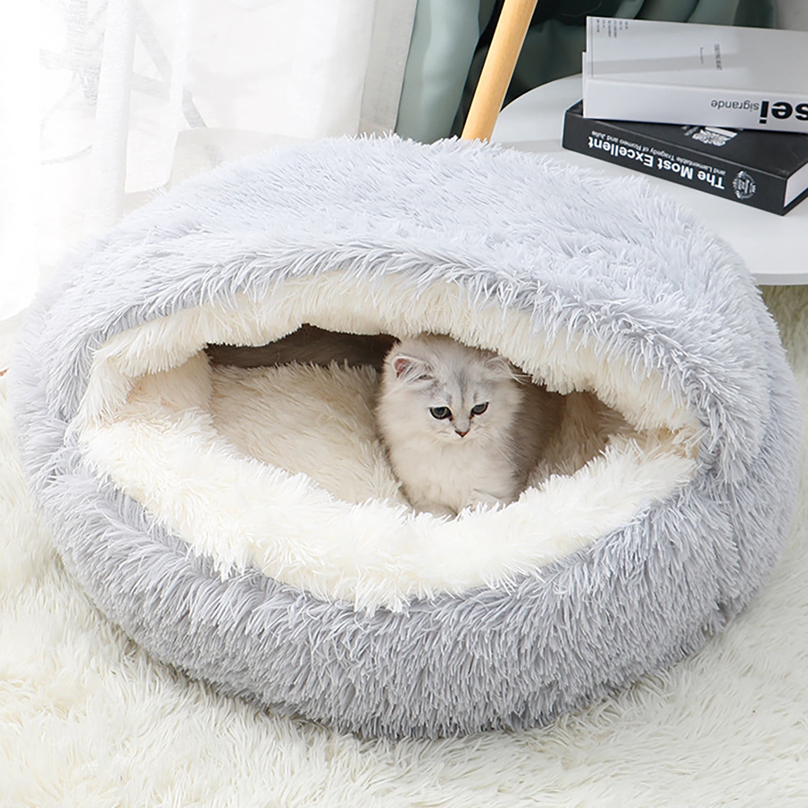 XEOVHV Calming Dog Beds & Cat Cave Bed with Hooded Cover,Removable Washable Round Beds for Small Medium Pets,Anti-Slip Faux Fur Fluffy Coved Bed for Improved Sleep,Fits up to 15/25 lbs(Medium,24"x24")
