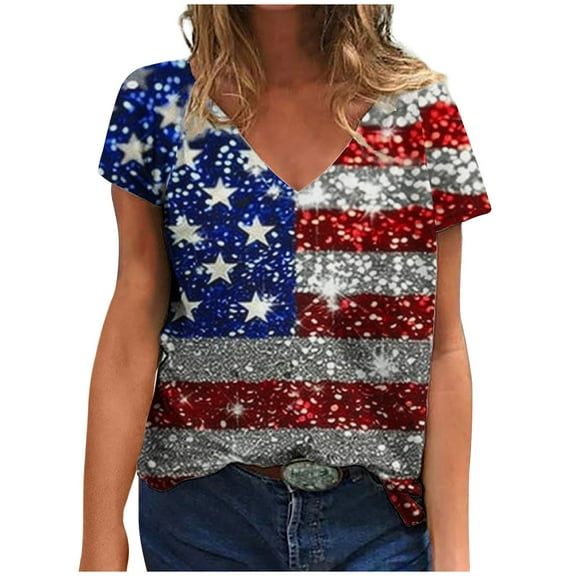 ChaoHeng Plus Size Tops under 10.00 Womens Trendy Blouse Independence Day Women's Top Short Sleeved Fashionable Printed V-Neck Short Sleeved T-Shirt