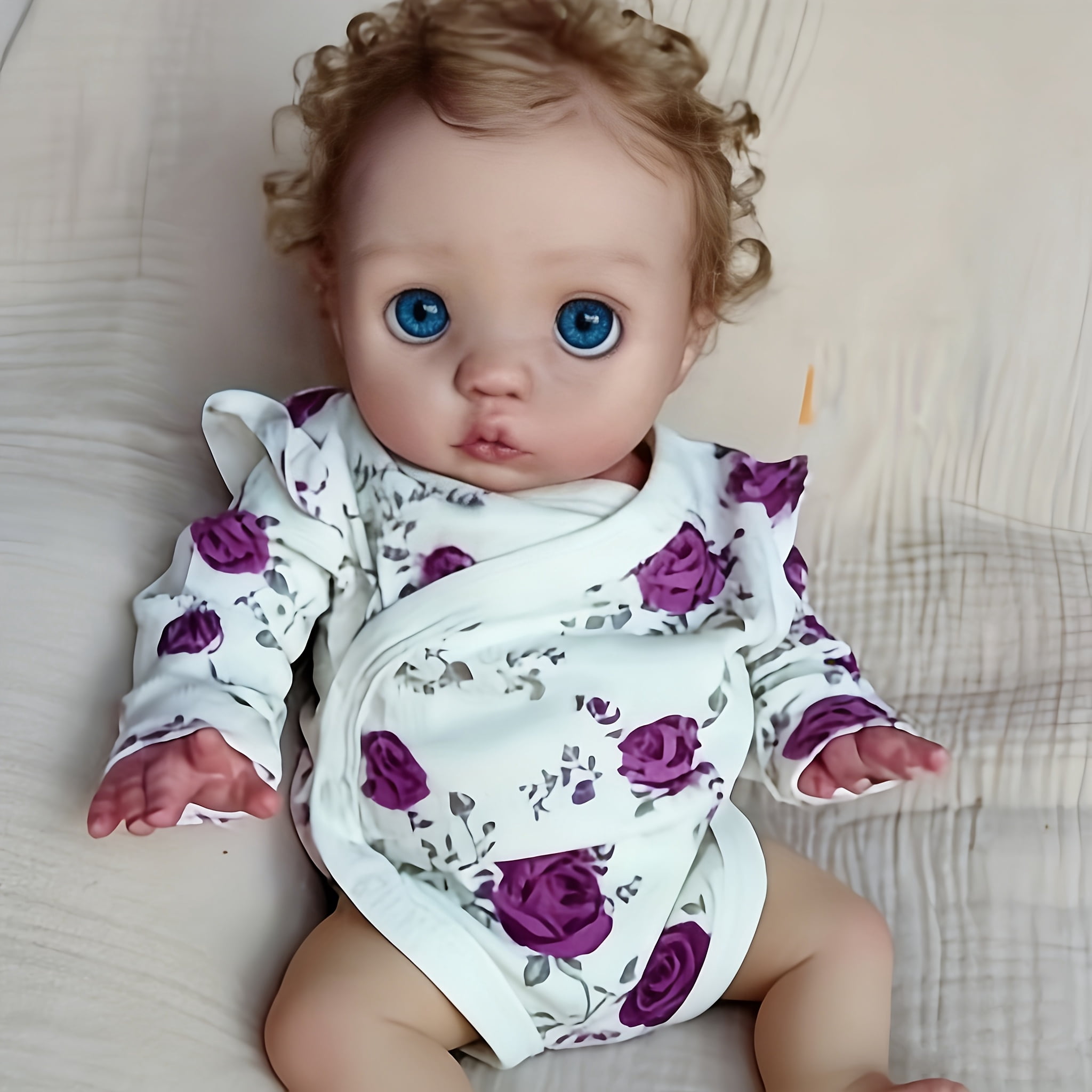 16 Inch Realistic Reborn Baby Doll, Cute Big Eyes Curly Hair Toddler Doll, Lifelike Soft Vinyl Baby Doll Gift For Girls