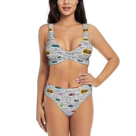 Zeuib Hello High Waisted Tummy Control Bikini Set - Knot Front Push Up Top & Cheeky Thong Bottom  Two-Piece Swimsuit for Women-Large