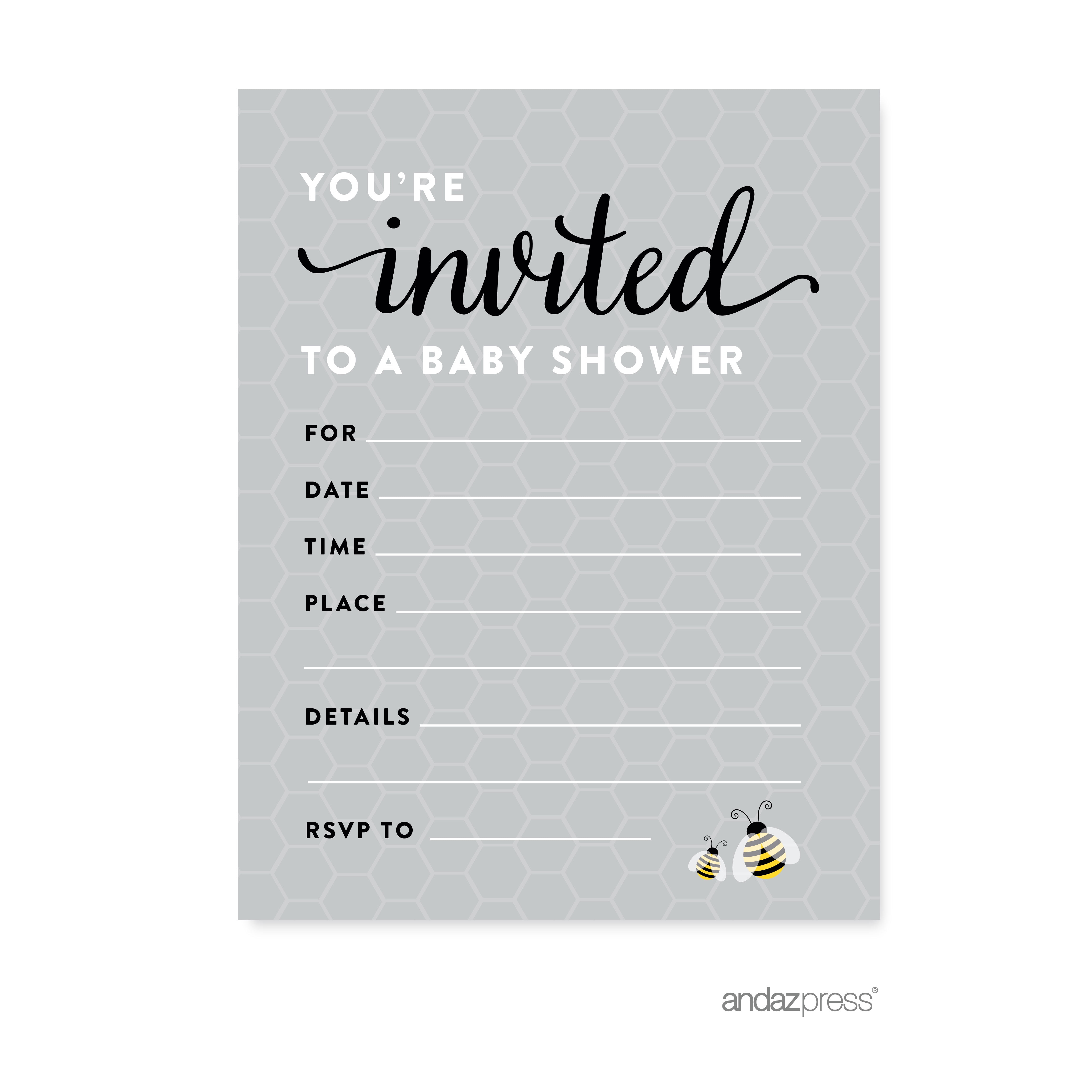 Bumble Bee Yellow Grey Baby Shower Party Personalised Invitations 