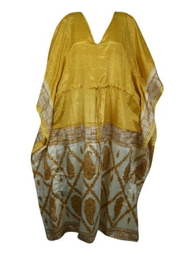 Mogul Women MATERNITY CAFTAN Dresses, Bohemian Dress, Yellow Floral Print Sari Caftan, Beach Wear, Lounger Maxi Dress