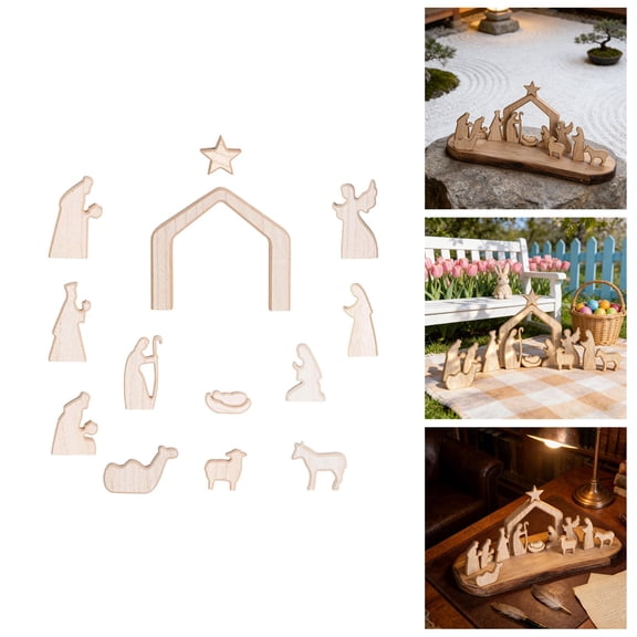 13 Pcs Wooden Nativity Scene Set, Miniature Holy Family Figurines, Minimalist Boho Christmas Tabletop Decor for Indoor Home Mantel Display and Holiday Gift