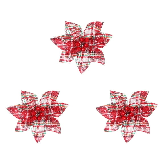 3Pcs Buffalo Plaid Poinsettias Christmas Tree Decorations Artificial Christmas Flowers Poinsettia Xmas Tree Flower Ornament Faux Floral Decors for Garland Wedding Party Holiday Decorations Type 3