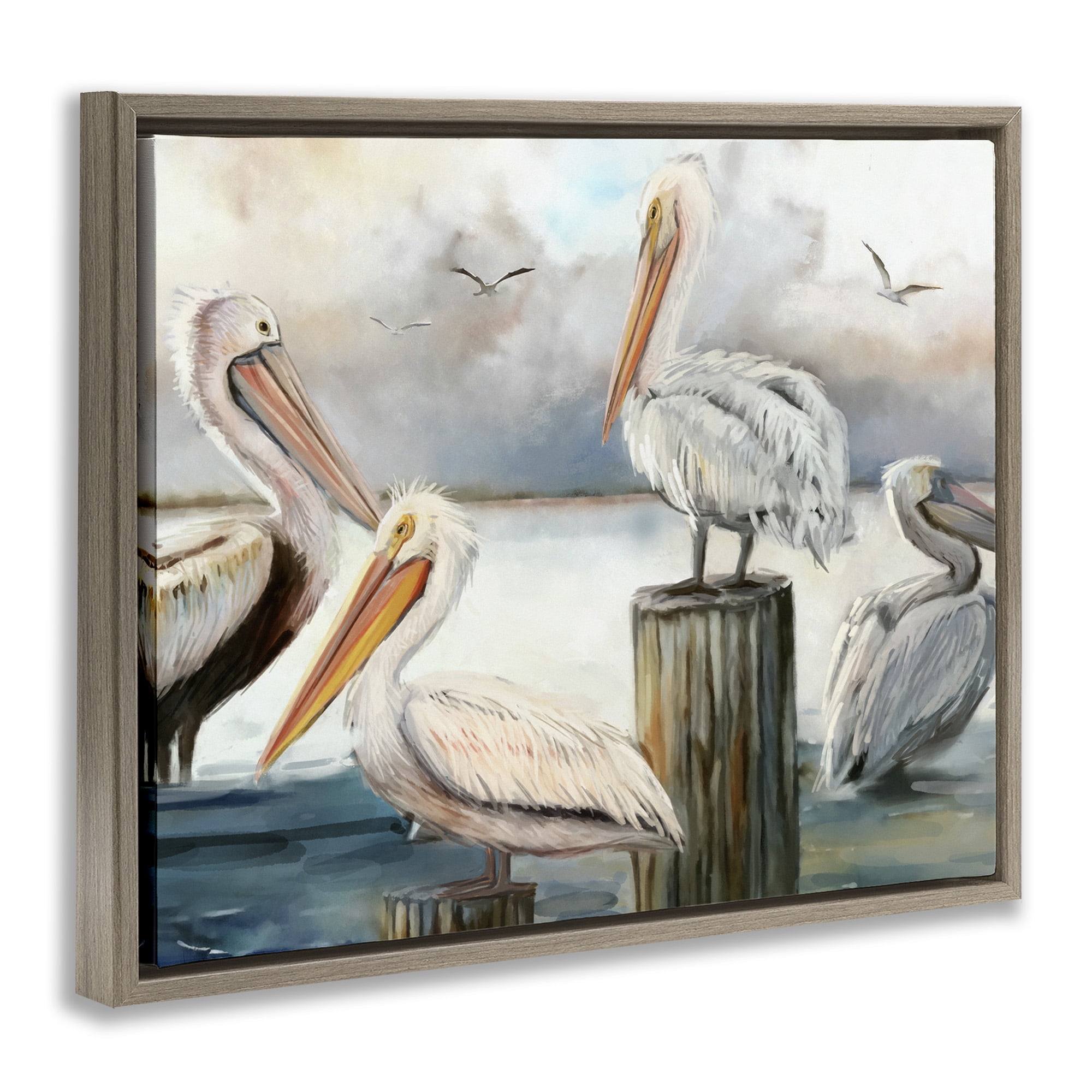 Stupell Industries Pelicans Perched Cloudy Horizon Nature Painting Brown Floater Framed Canvas Art Print Wall Art, 21 x 17