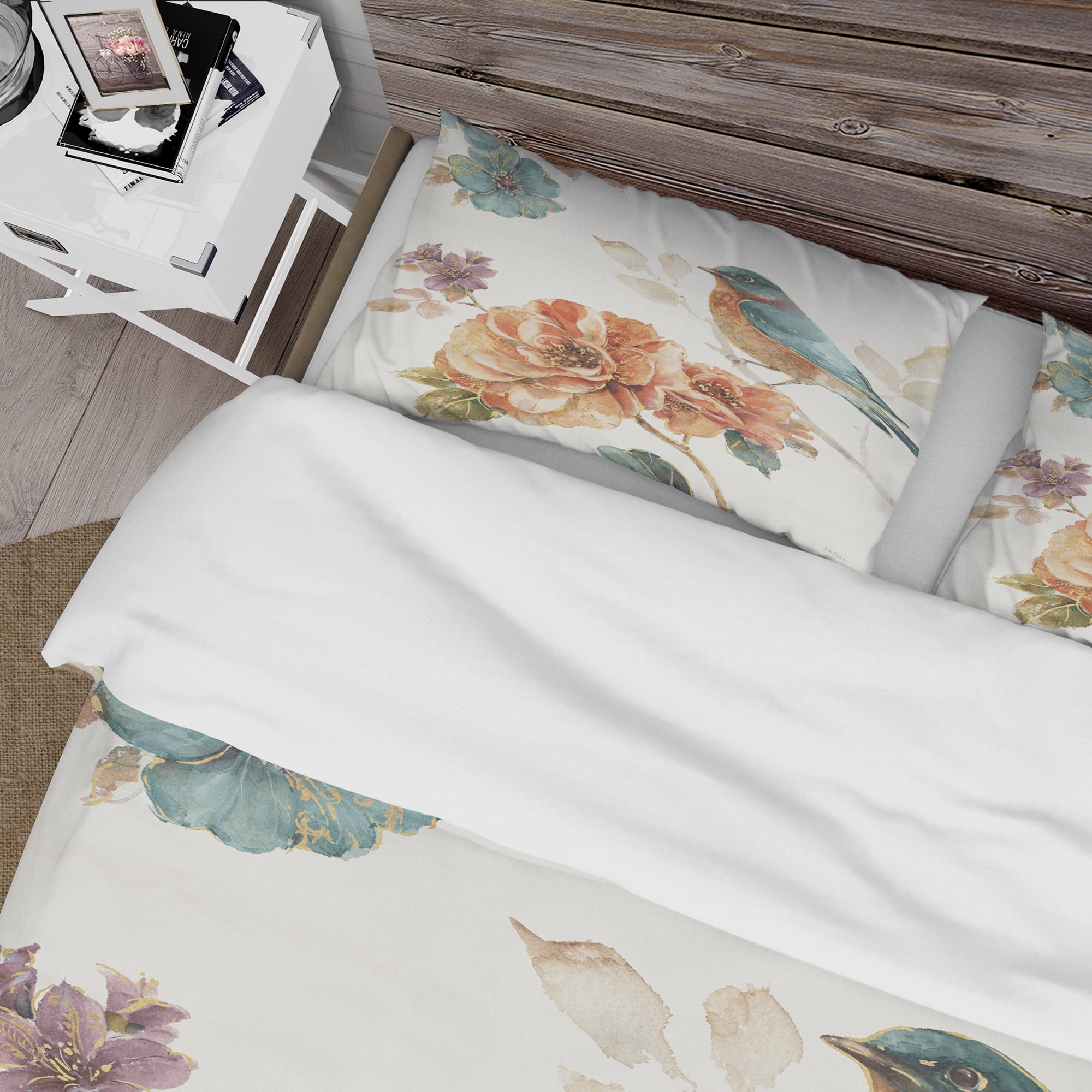 Designart 'Cottage Bird on Orange Flower Twig' Cottage Duvet Cover Set