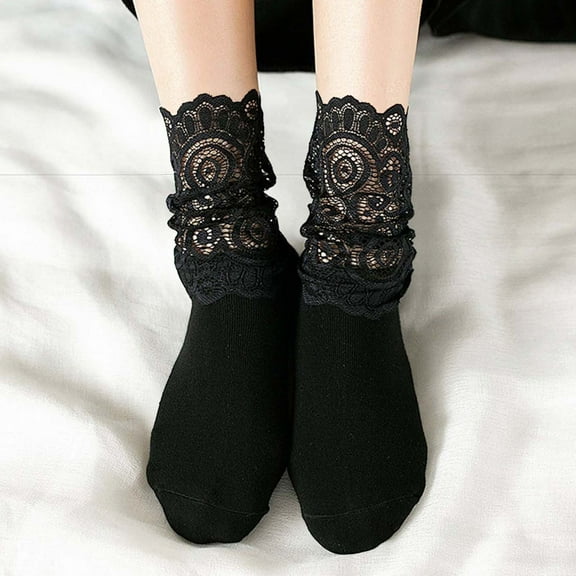 Women Solid Color Casual Full Cotton Mid Long Tube Trendy Socks Lace Slouchy Hosiery Comfortable Black