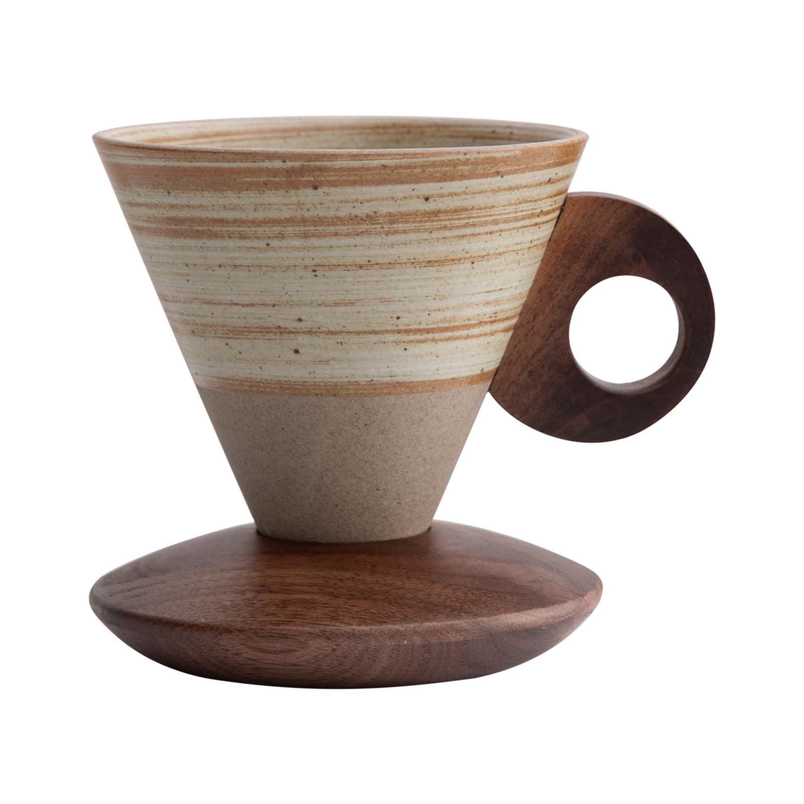 Elegant Conical Ceramic Coffee Cup with Solid Wood Base, Vintage Coarse Pottery Funnel-Shaped Mug for Home, Handcrafted Heat-Resistant Tea Coffee Cup, Pour-Over Espresso Brewing Mug, 200ml