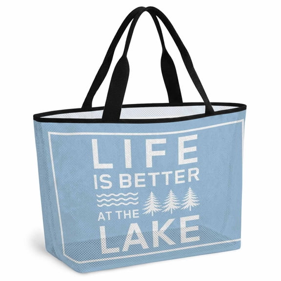 Blue Beach Bag for Women, Large Breathable Mesh Beach Tote Bag, Mountain Forest Tree Life Is Better at The Lake Sandproof Lightweight Travel Bags for Vacation Picnic Swimming Pool 15.7"x15.7"x9.1"