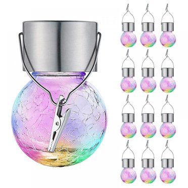 Solar Lantern Solar Lights Outdoor Waterproof 2-Pack, Solar Powered Hanging Lights Cracked Glass Hanging Globes For Christmas Decoration, Shepherd Hook, Garden Tree Ornaments, White Cap, Warm White