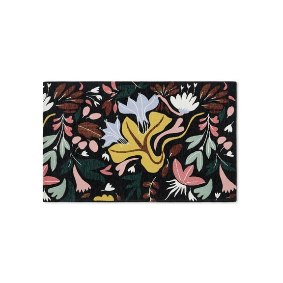 TOWN & COUNTRY LUXE Livie Floral Drip Everwash® Washable Multi-Use Decorative Rug, Kitchen Rug, Low-Profile Door Mat, Bedroom Rug and Dorm Room Rug with Non-Slip Backing, Black, 24"x40"