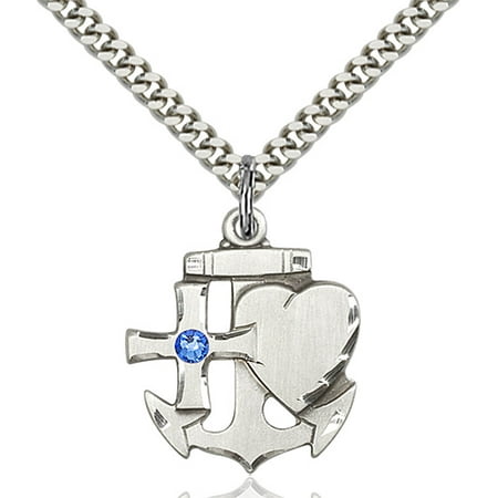 Sterling Silver Faith Hope & Charity Pendant with 3mm September Blue Swarovski Crystal 7/8 x 3/4 inches with Heavy Curb