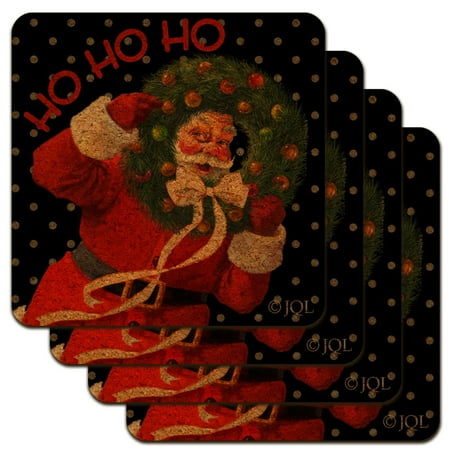 

Christmas Holiday Santa Ho Ho Ho Wreath Low Profile Novelty Cork Coaster Set
