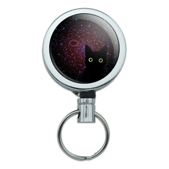Black Cat in Space with Stars and Galaxy Heavy Duty Metal Retractable Reel ID Badge Key Card Tag Holder with Belt Clip