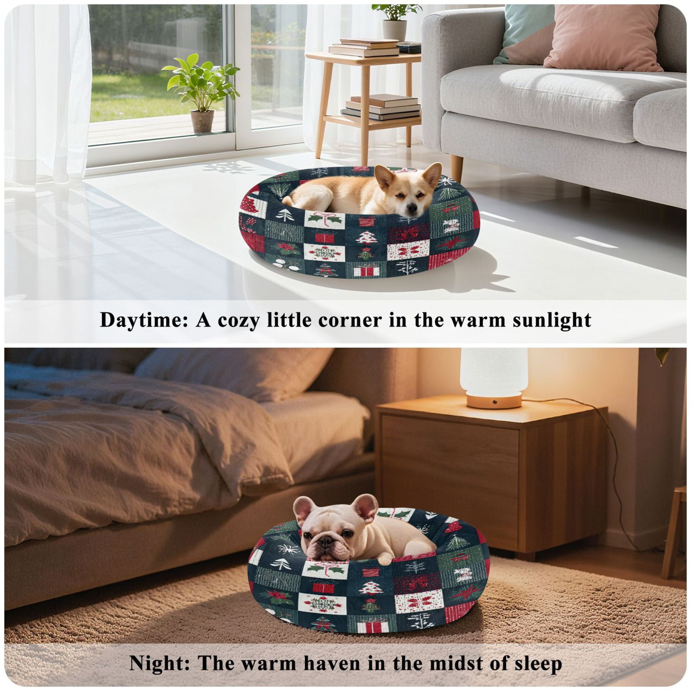 Iauyy Pet Couch Donut Cat Bed for Indoor Cats/Small Dogs Washable & Machine with Non-slip Bottom Calming Cat Furniture, Three-color Christmas Symbol (M)