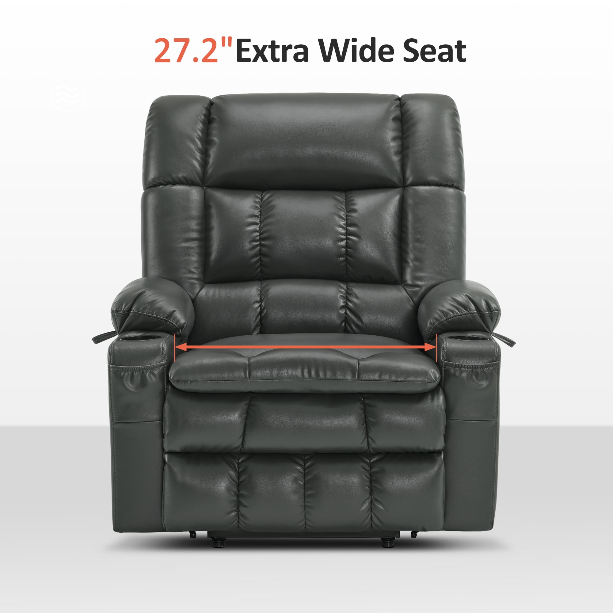 MCombo Large Dual Motor Power Lift Recliner Chair Sofa with Massage and Heat for Big Elderly People, Infinite Position, USB Ports, Faux Leather R7891 (Grey, Large-Wide)