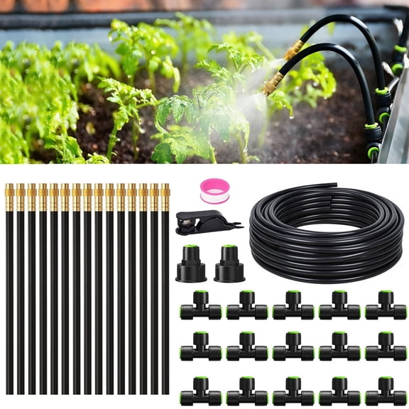 RainPoint 50FT Drip Irrigation System, 15PCS 360° Brass Nozzles Garden Watering Kit for Greenhouse Lawn Raised Beds