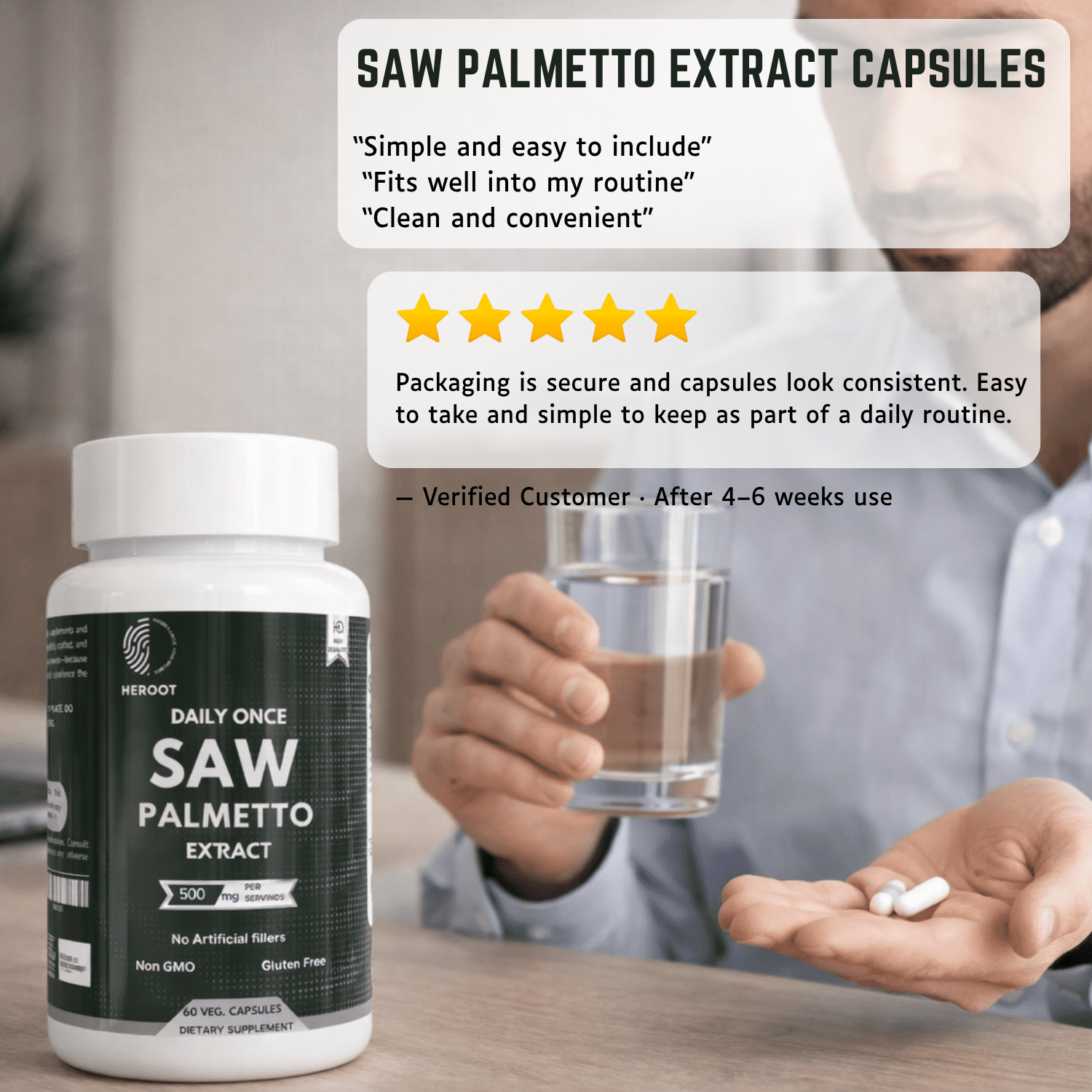 Heroot Saw Palmetto Capsules 500 mg per Capsule | 45% Fatty Acids | 120 Veg Capsules | 120 Servings | Herbal Supplement