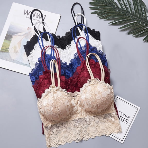 WHEANG Tank Tops with Built In Bras Women Floral Lace Padded Camisole Bralette Wire Free Adjustable Spaghetti Strap Tank Top V Neck Built-in Bra Crop Vest Daily Underwear Size M White