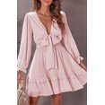 thumbnail image 1 of Women's Pink Deep V Neck Lantern Sleeve Knotted Tiered Mini Dress, 1 of 10